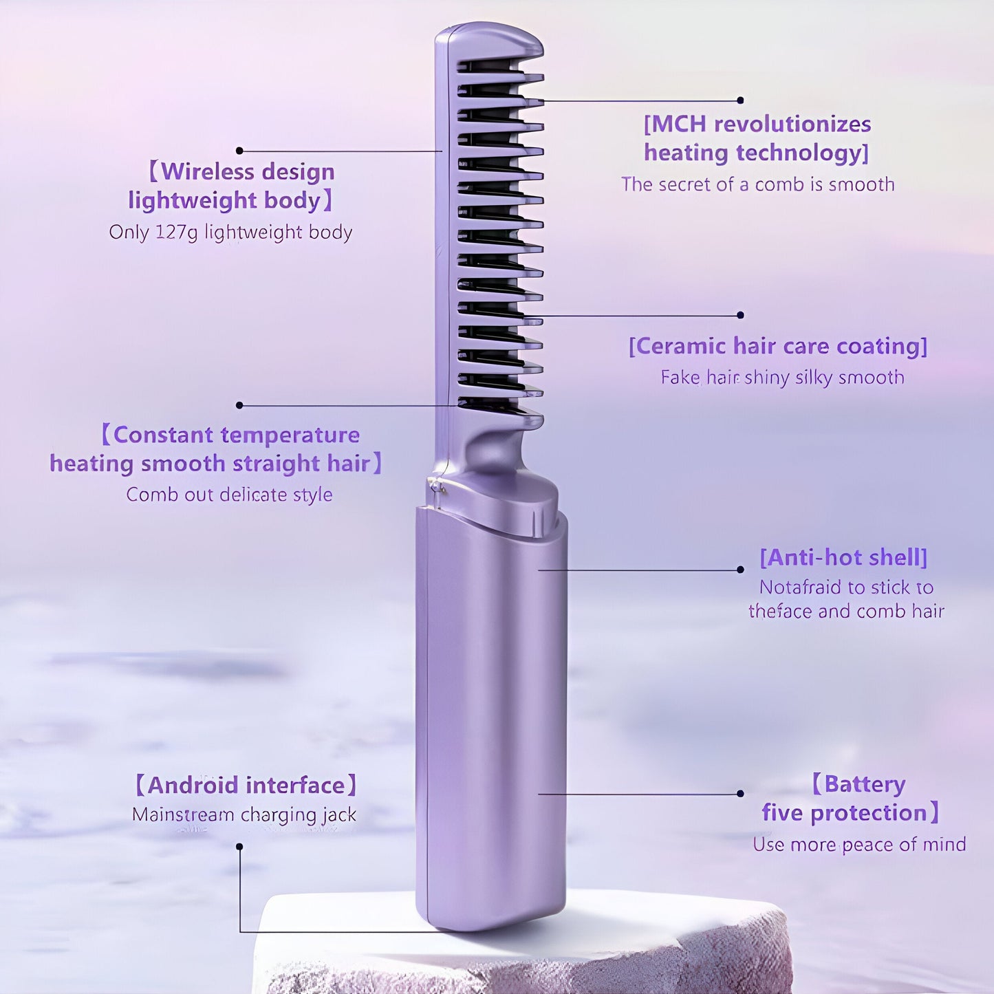 Cordless Mini Hair Straightener Brush, 3‑Temp USB Rechargeable